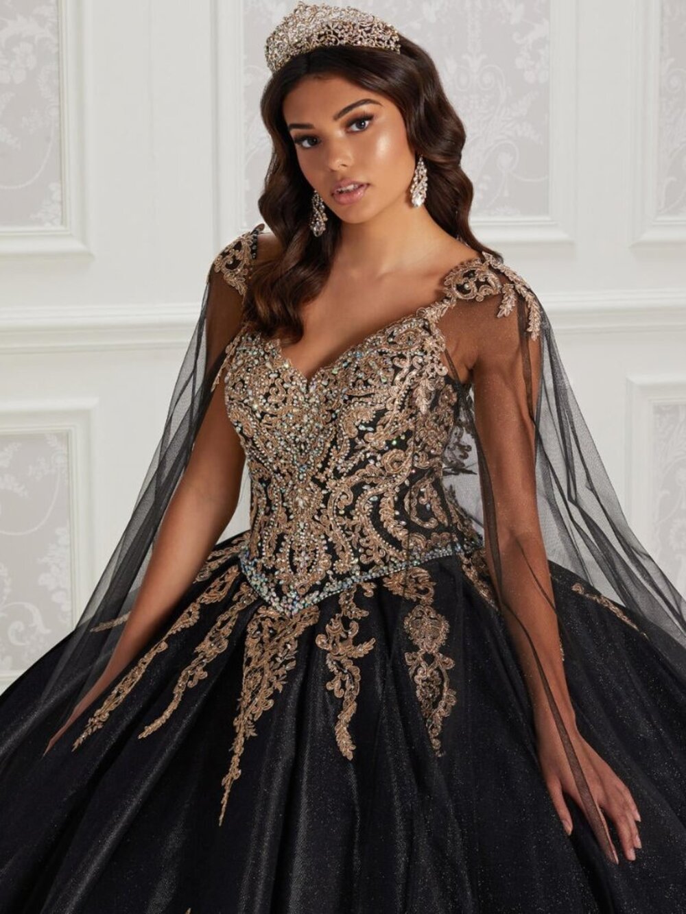 Black/Gold Shimmering v-neck quinceanera dress with traditional embroidery
